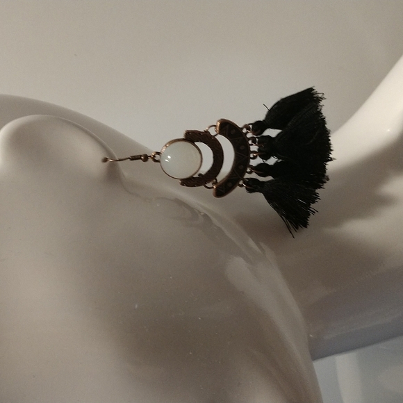 Moonstone Black Tassel 3.5" Fishhook Earring Boho Aztec Bold Lightweight - Picture 3 of 7